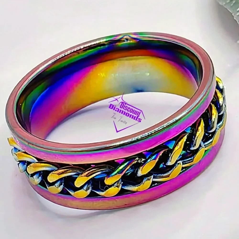 Men / Women / Unisex SPINNER Titanium Polished Rainbow Silver Ring Rainbow Chain